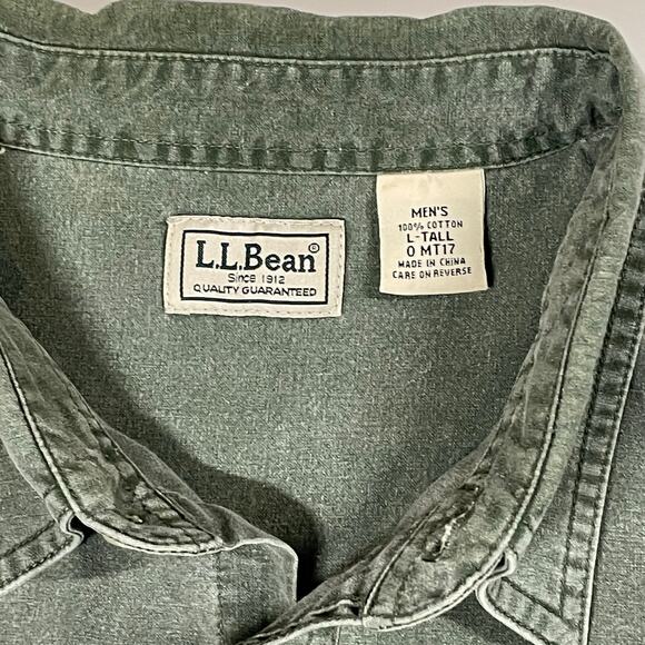 LL Bean Sz L Tall Heavyweight Cotton Shirt Green Workwear Chore Button Front - Picture 2 of 8